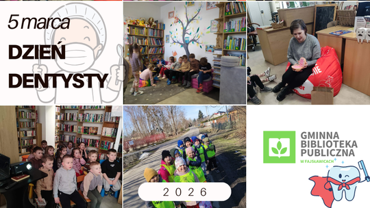 grupa dzieci podczas zajęc bibliotecznych, w tle pomieszczenia biblioteczne, regały z książkami