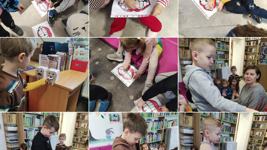 kolaż zdjęć przedstawiający grupę dzieci podczas lekcji bibliotecznych, w tle regały z książkami oraz pomieszczenia biblioteczne