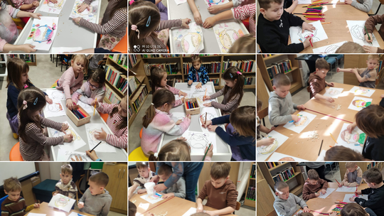 kolaż zdjęć przedstawiający grupę dzieci podczas lekcji bibliotecznych wykonujących prace plastyczne, w tle regały z książkami oraz pomiesczenia biblioteczne