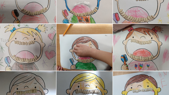 kolaż zdjęc przedstawiający prace plastyczne, na rysunku dziecko z wyklejonymi zębami z fasoli